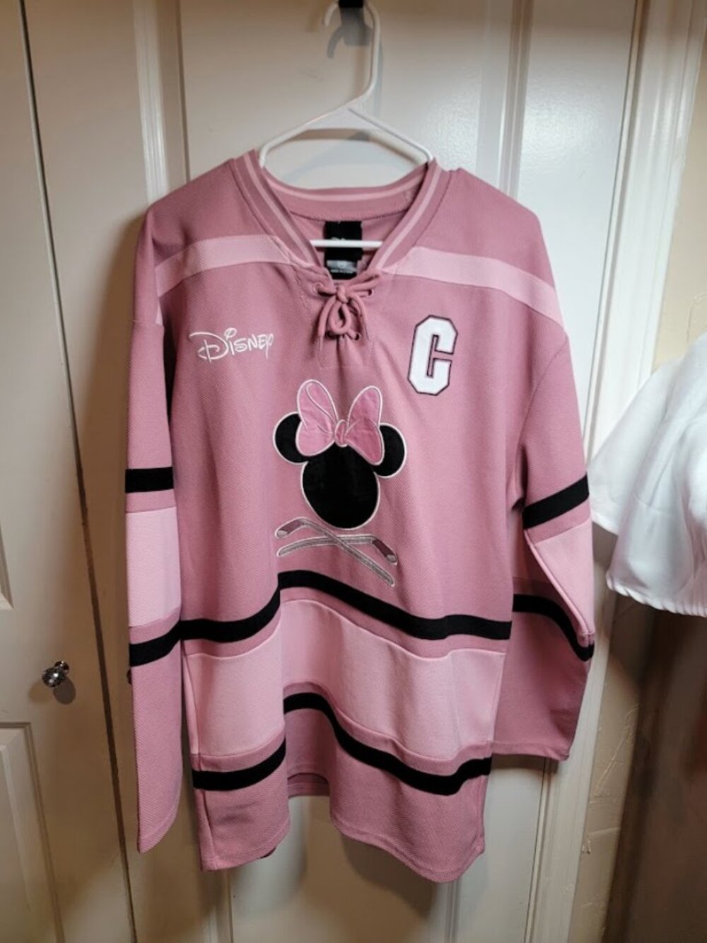 Disney Minnie Mouse Pink Hockey Jersey Women's Medium Lace Up Varsity NWT